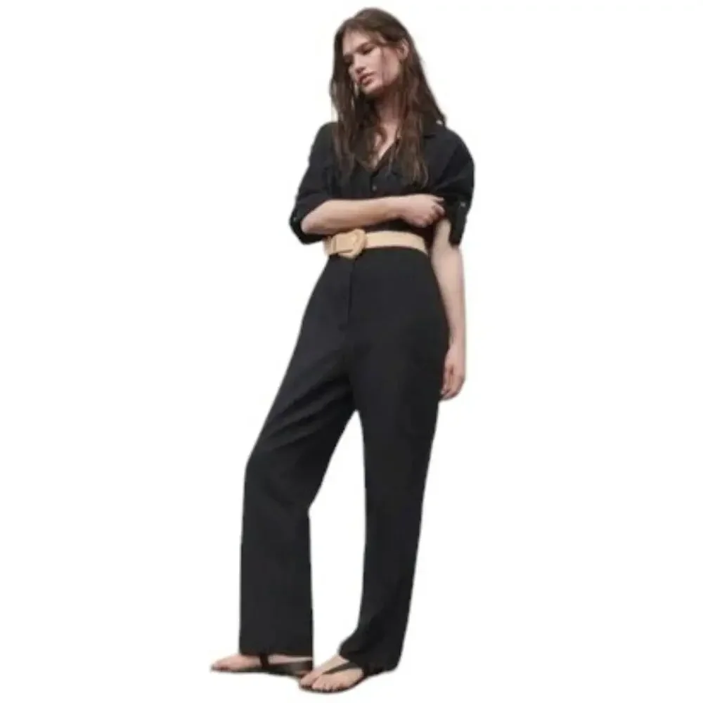 NWT ZARA Linen Blend Belted Coverall Jumpsuit in Black SZ S